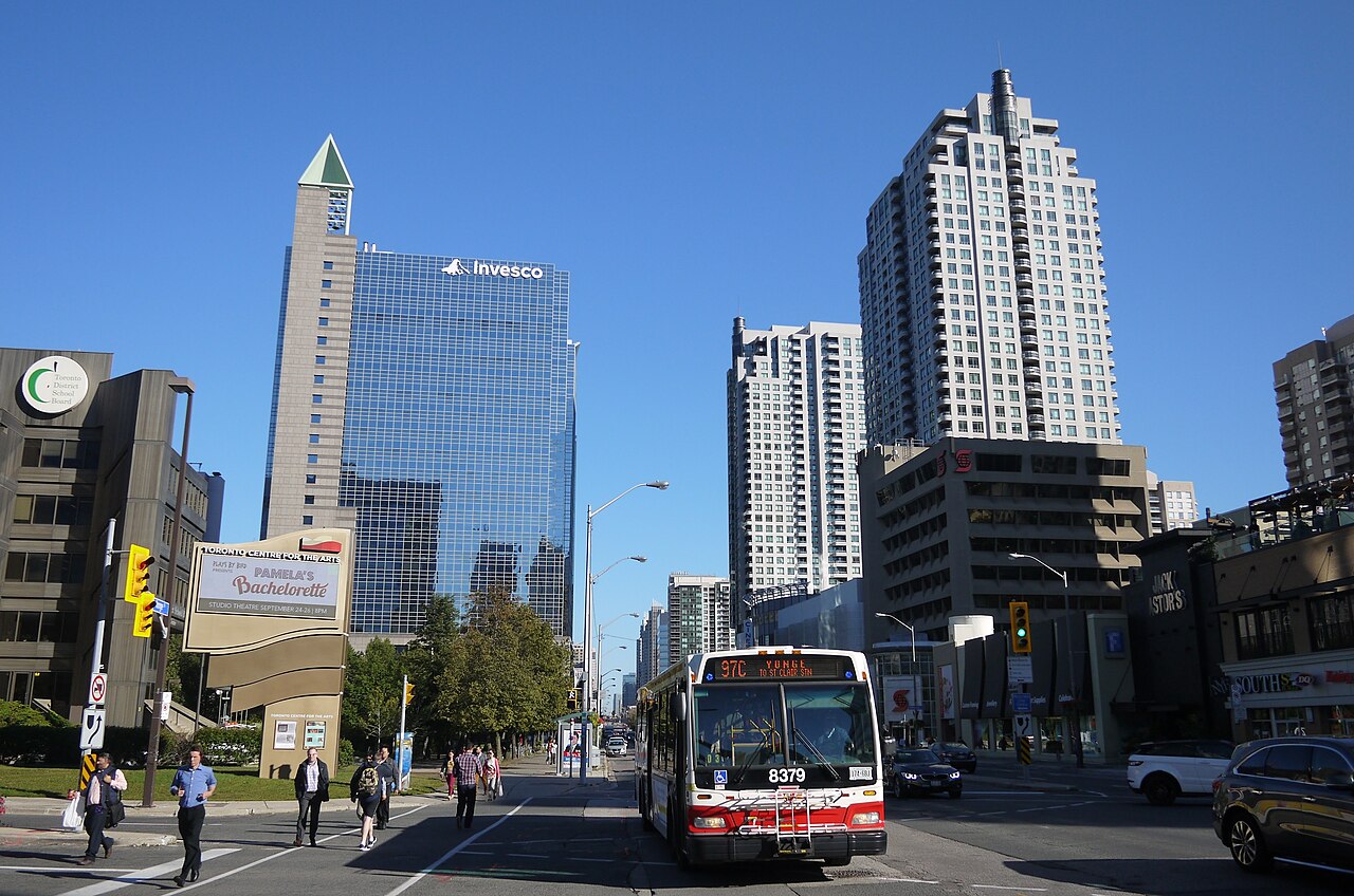 Photograph of Downtown North York taken by PFHLai on September 14, 2015 while standing on Yonge Street outside the Toronto Centre for the Arts and the Toronto District School Board Education Centre, facing north.