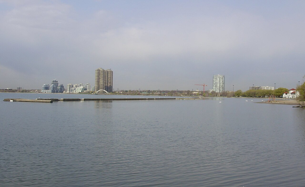 Looking toward Etobicoke from Toronto's Budapest Park. The Humber Bay Arch Bridge is visible in the distance.