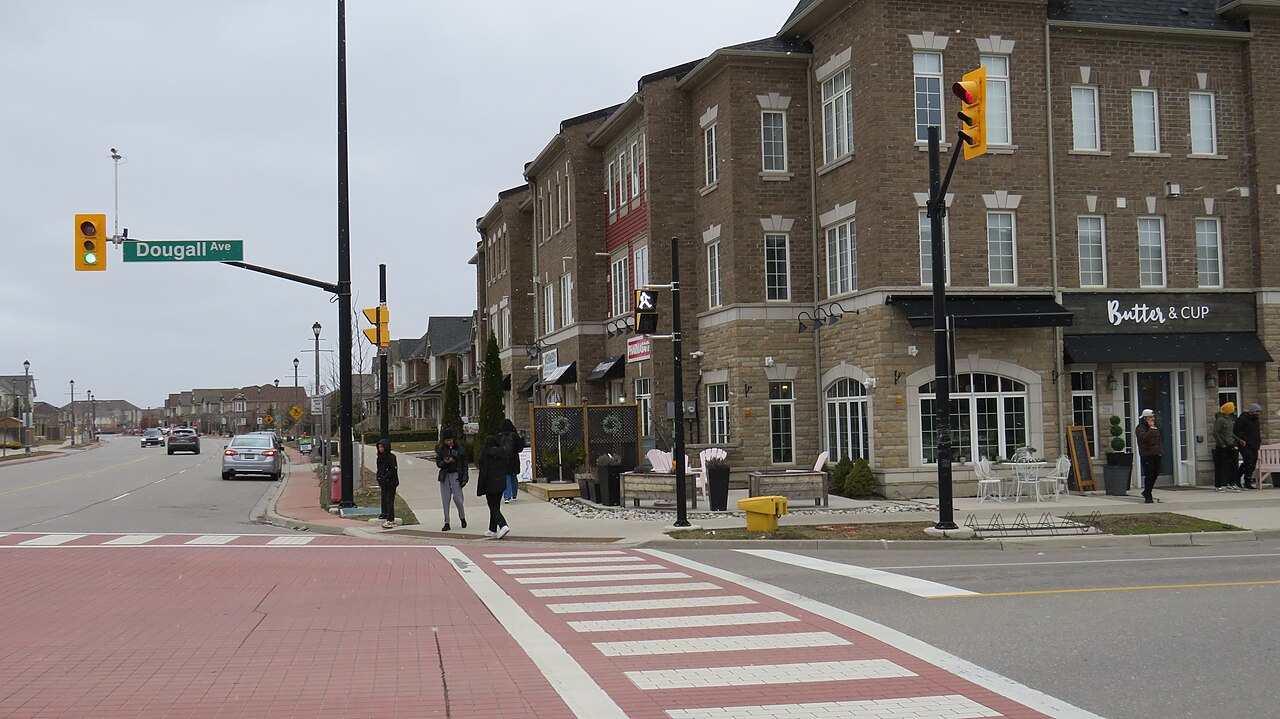 New urbanist-style storefronts along Kennedy Road in Mayfield West, Caledon, Ontario